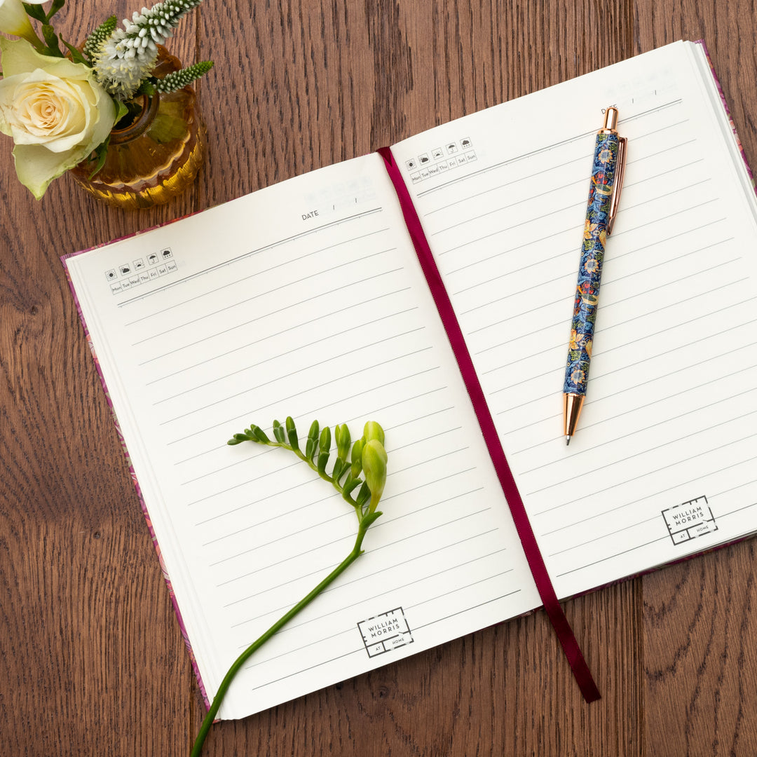 Strawberry Thief A5 Notebook Hard Cover with Pen - Raspberry with Indigo Pen