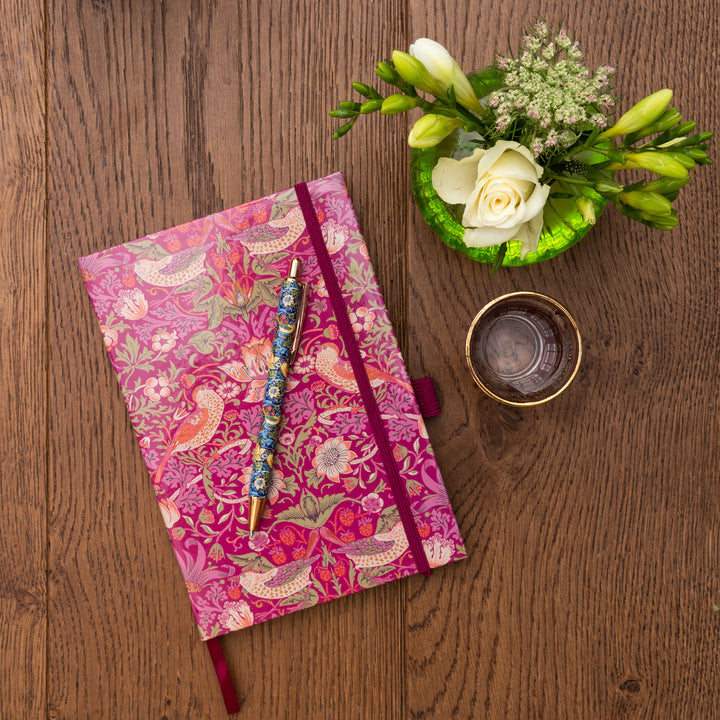 Strawberry Thief A5 Notebook Hard Cover with Pen - Raspberry with Indigo Pen