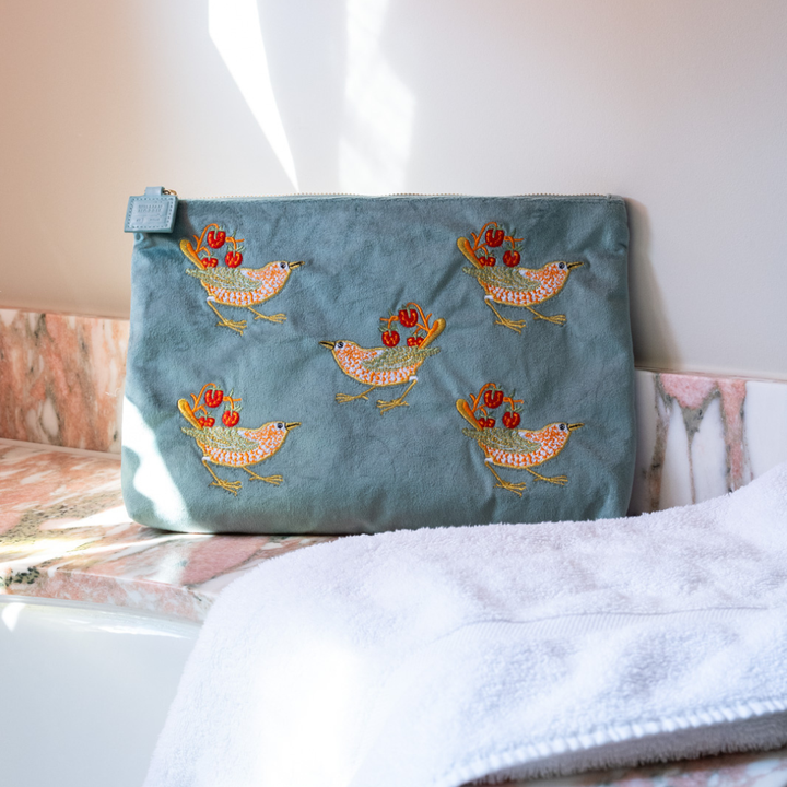 Strawberry Thief Embroided Velvet Pouch, Large
