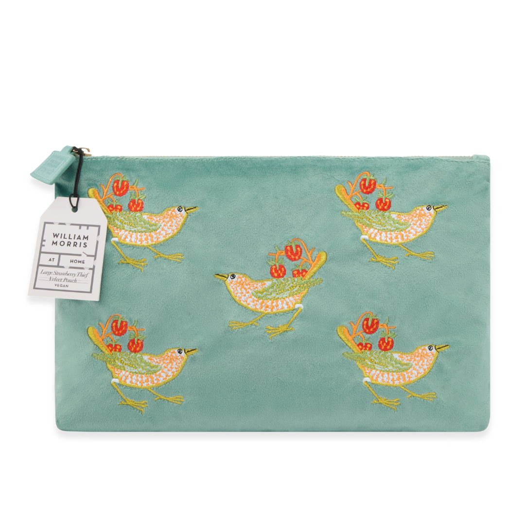 Strawberry Thief Embroided Velvet Pouch, Large