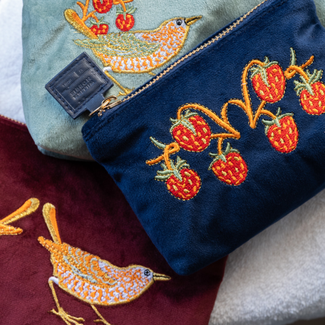Strawberry Thief Embroided Velvet Pouch, Small