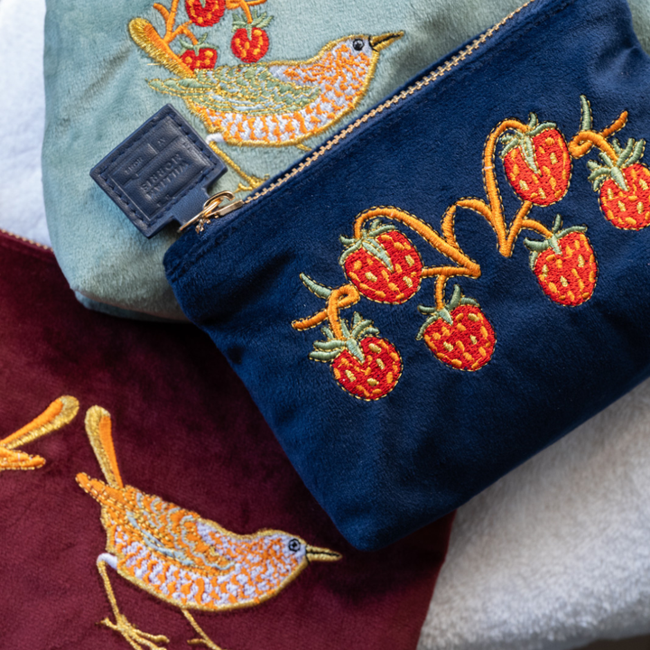 Strawberry Thief Embroided Velvet Pouch, Small