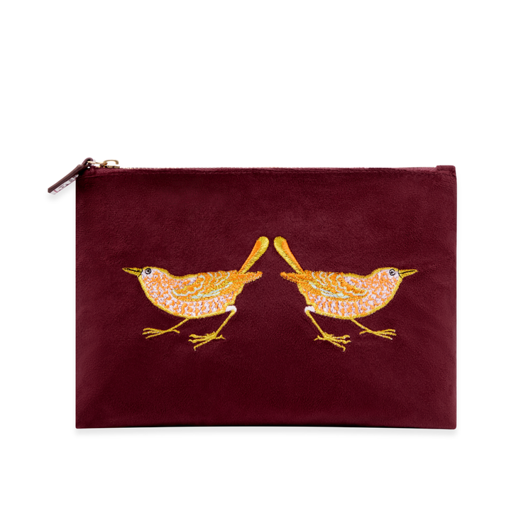 Strawberry Thief Embroided Velvet Pouch, Medium