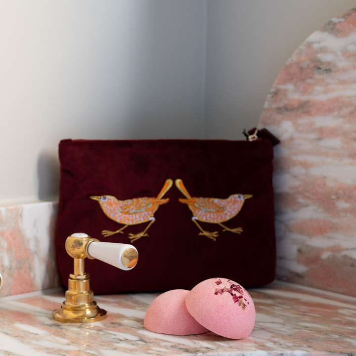 Strawberry Thief Embroided Velvet Pouch, Medium