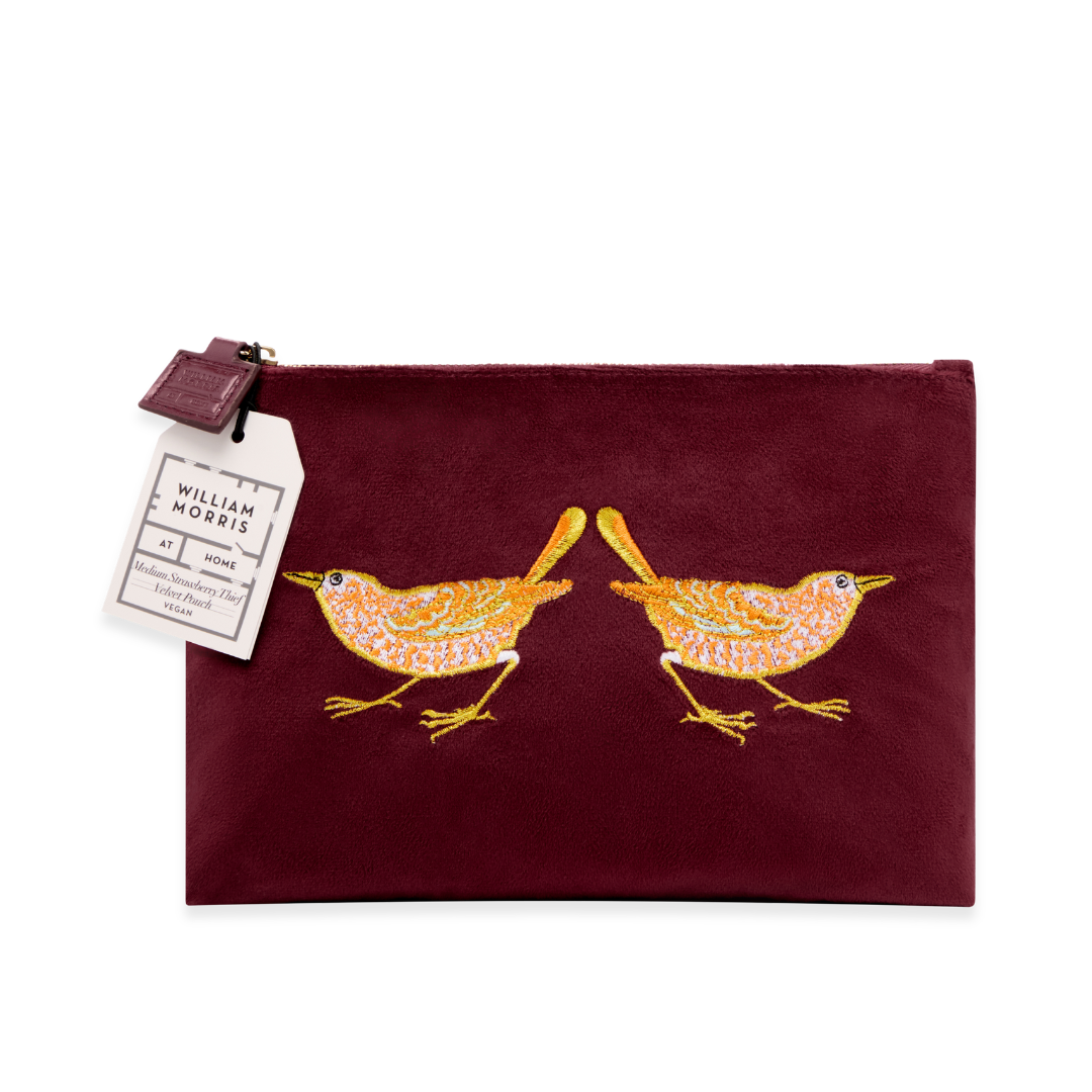 Strawberry Thief Embroided Velvet Pouch, Medium